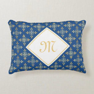 Luxury Monogram Blue and Gold Quatre Floral Decorative Cushion