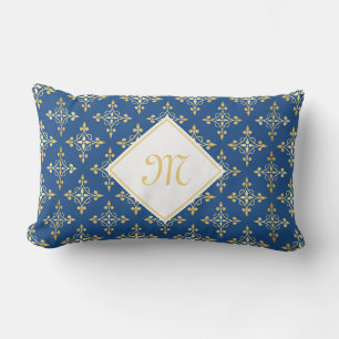 Luxury Monogram Blue and Gold Quatre Floral Lumbar Cushion