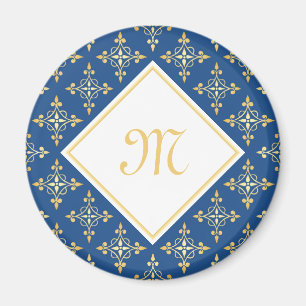 Luxury Monogram Blue and Gold Quatre Floral Magnet
