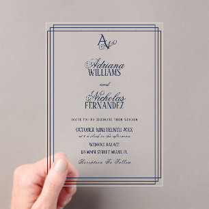 Luxury Monogram Blue Wedding Acrylic Invitations
