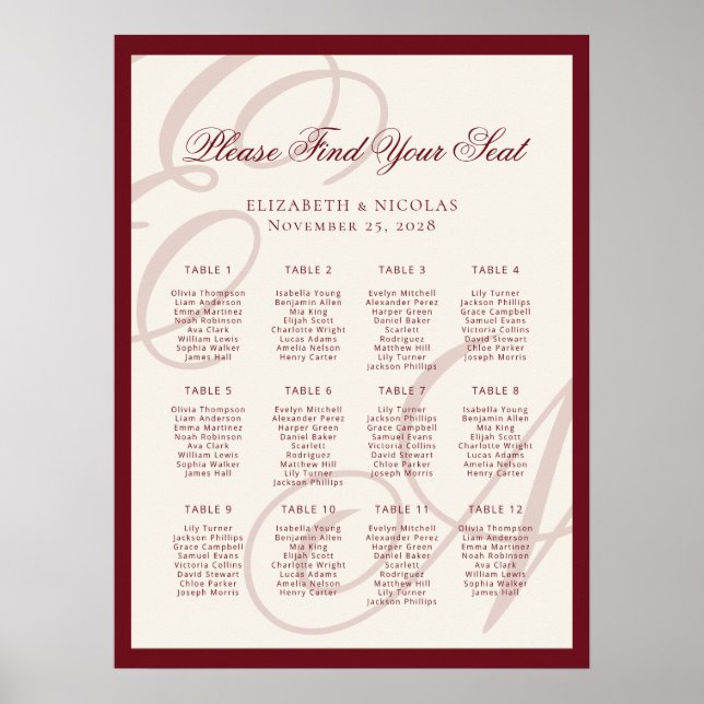 Luxury Monogram Calligraphy Wedding Seating Chart (Front)