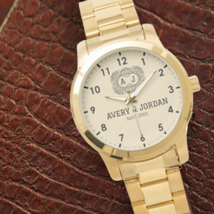 Luxury monogram cream couple names initials watch