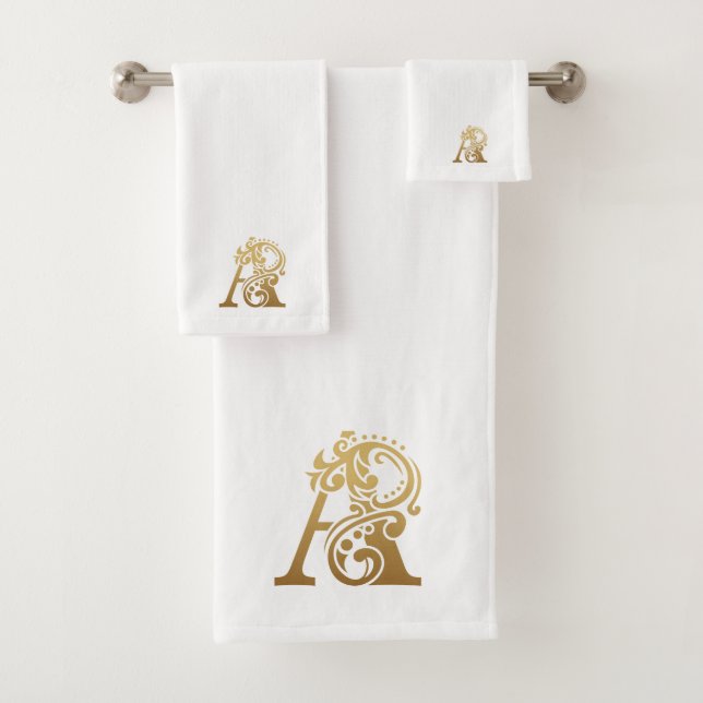 Luxury monogram gold A letter on white Bath Towel Set (Insitu)