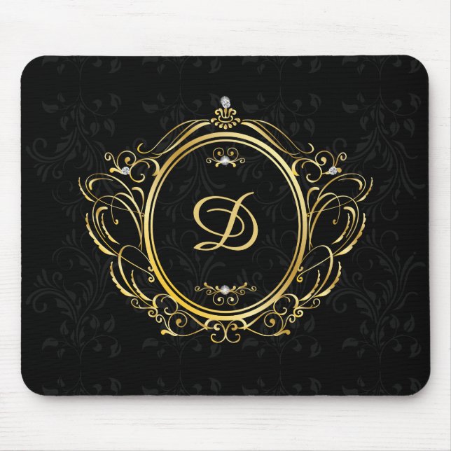 Luxury Monogram Gold Frame black damask Mouse Pad (Front)