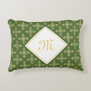 Luxury Monogram Green and Gold Quatre Floral Decorative Cushion