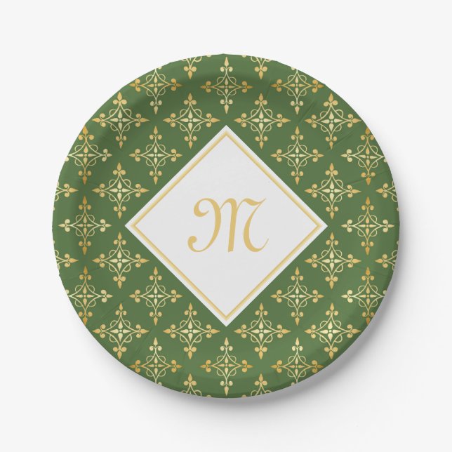 Luxury Monogram Green and Gold Quatre Floral Paper Plate (Front)