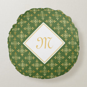 Luxury Monogram Green and Gold Quatre Floral Round Cushion