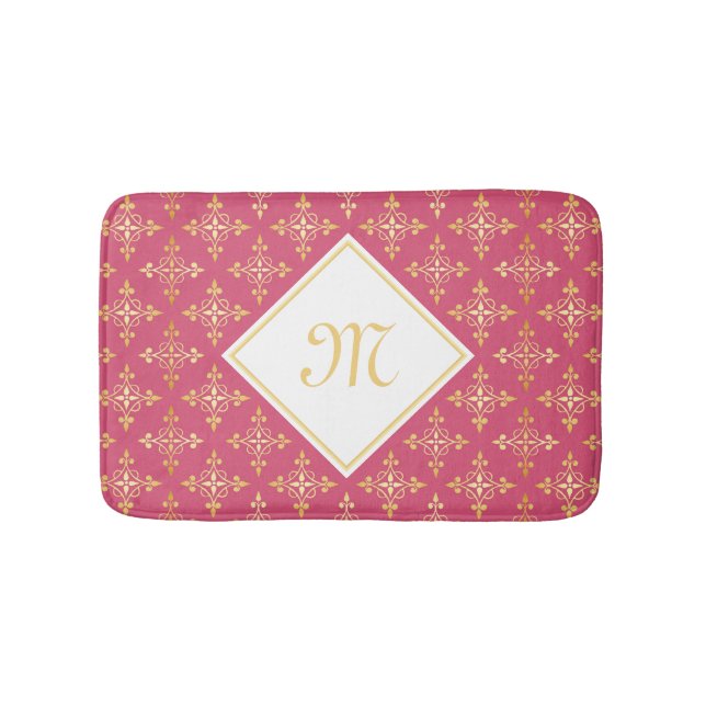 Luxury Monogram Pink and Gold Quatre Floral Bath Mat (Front)