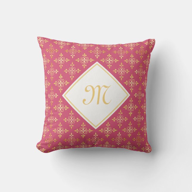 Luxury Monogram Pink and Gold Quatre Floral Cushion (Front)