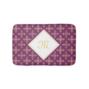 Luxury Monogram Purple and Gold Quatre Floral Bath Mat