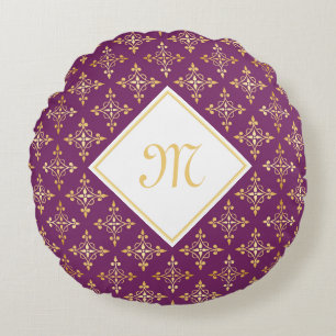 Luxury Monogram Purple and Gold Quatre Floral Round Cushion