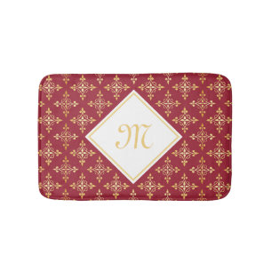 Luxury Monogram Red and Gold Quatre Floral Bath Mat