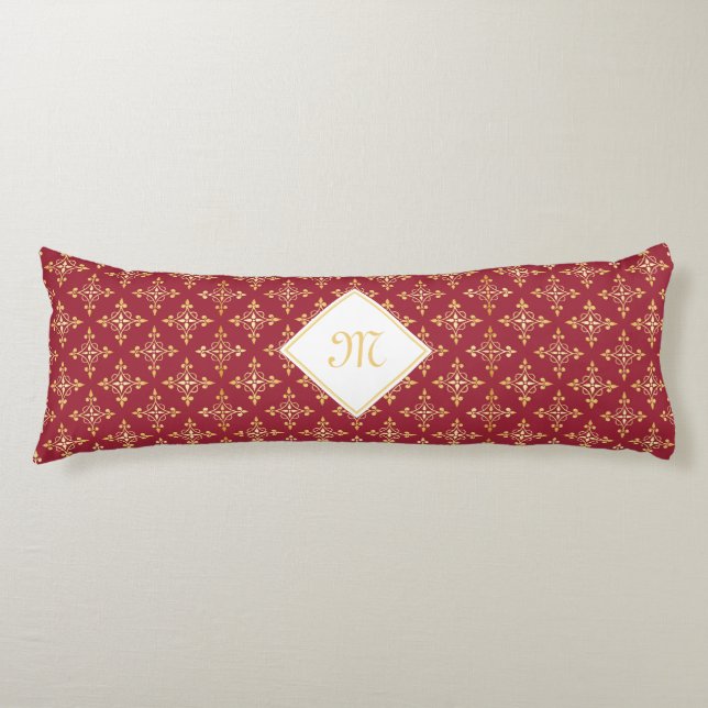 Luxury Monogram Red and Gold Quatre Floral Body Cushion (Front)