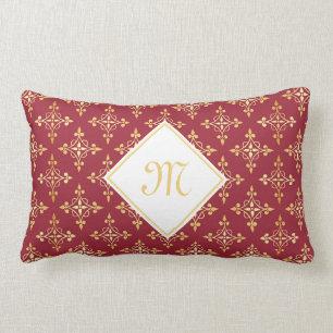 Luxury Monogram Red and Gold Quatre Floral Lumbar Cushion