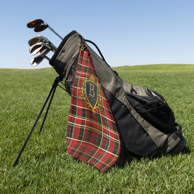 Luxury Monogram Red Gold Tartan  Golf Towel (Green)