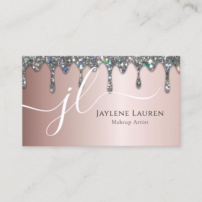 Luxury Monogram Silver Glitter Drips Light Mauve Business Card (Front)