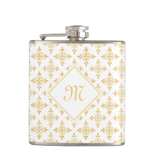 Luxury Monogram White and Gold Quatre Floral Hip Flask