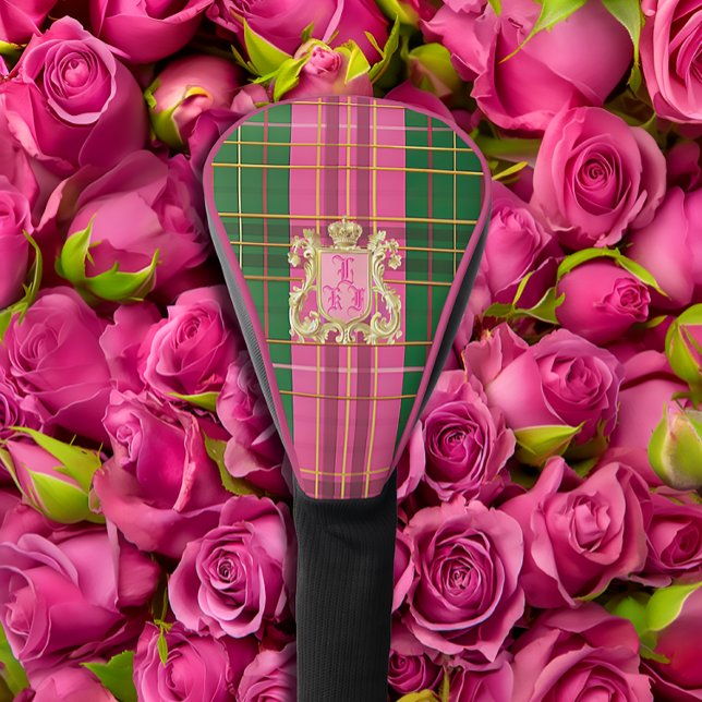 Luxury Monogrammed Pink and Green Plaid Driver Golf Head Cover (Stylish Chic Plaid Monogrammed Crest Golf Head Cover Pink and Green )