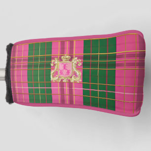 Luxury Monogrammed Pink and Green Plaid Putter Golf Head Cover
