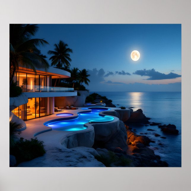 Luxury Moonlit Villa – Modern Ocean Night Aestheti Poster (Front)