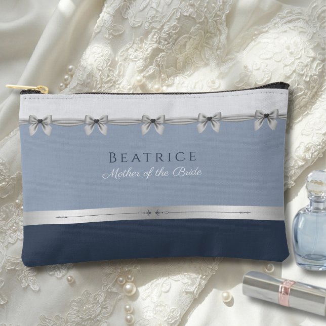 Luxury Mother of the Bride | Slate Blue Makeup Accessory Pouch (Refined Mother of the Bride Pouch. Timeless slate blue & silver heirloom-style makeup bag.)
