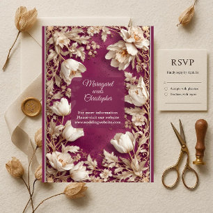 Luxury Mulberry Baroque Opulent Gold Tulip Wedding Invitation