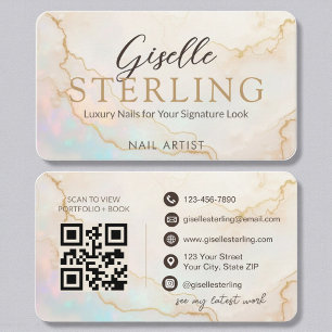 Luxury Nail Artist Pearl Opal Gold Script Business Card