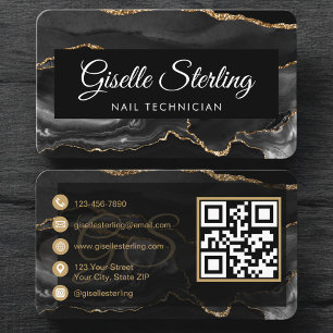 Luxury Nail Technician Black Gold QR Code Business Card