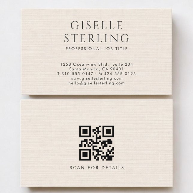 Luxury Natural Neutral Ivory Linen QR Code Business Card (Creator Uploaded)