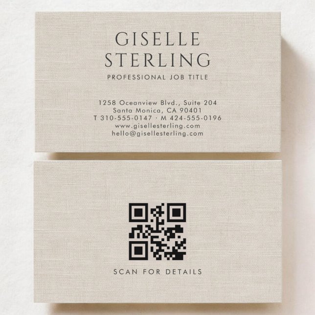 Luxury Natural Neutral Linen QR Code Business Card (Creator Uploaded)