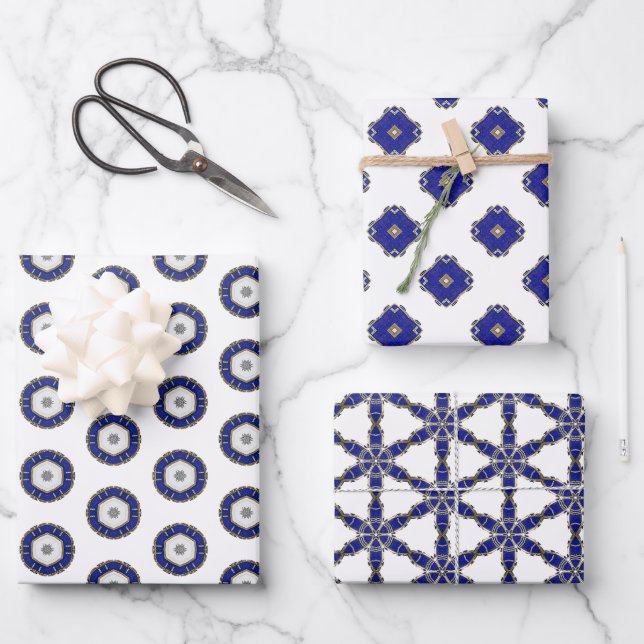 Luxury Nautical Sapphire Blue & White Patterned  Wrapping Paper Sheet (Front)