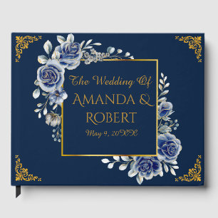 Luxury Navy and Gold Floral Wedding Guest Book 
