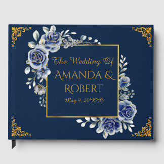Luxury Navy and Gold Floral Wedding Guest Book