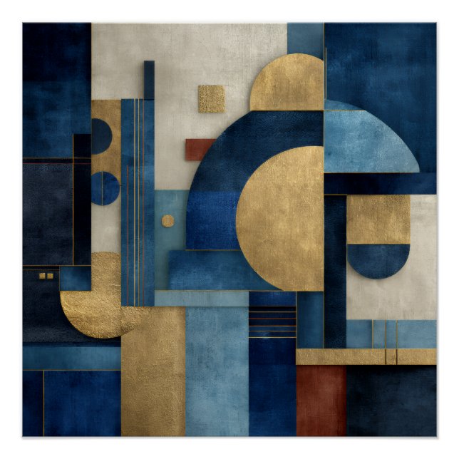 Luxury Navy Beige Gold Geometric Composition Poster (Front)