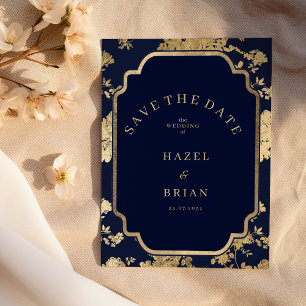 Luxury navy blue and gold floral Save the Date Invitation