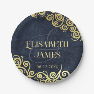 Luxury Navy Blue And Gold Flourish Winter Wedding Paper Plate