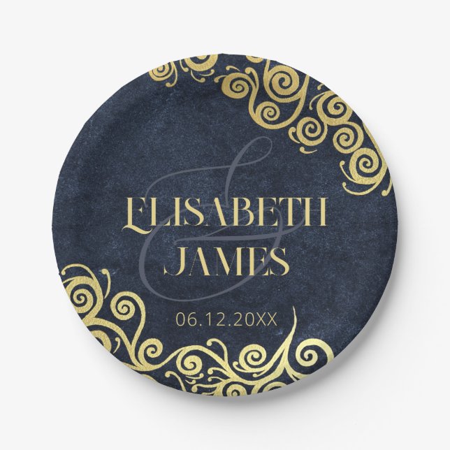  Luxury Navy Blue And Gold Flourish Winter Wedding Paper Plate (Front)