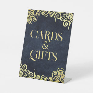  Luxury Navy Blue And Gold Flourish Winter Wedding Pedestal Sign