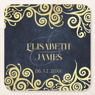  Luxury Navy Blue And Gold Flourish Winter Wedding Square Paper Coaster