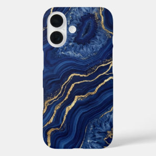 Luxury Navy Blue and Gold Foil Geode Agate Marble iPhone 16 Case