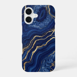 Luxury Navy Blue and Gold Foil Geode Agate Marble iPhone 16 Case