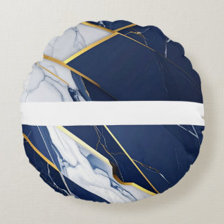 Luxury Navy Blue and Gold Marble Geometric Pattern Round Cushion