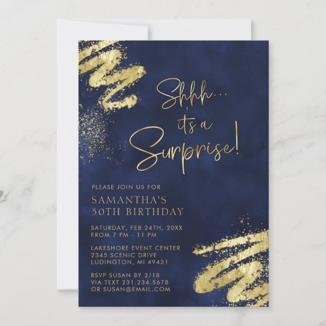 Luxury Navy Blue and Gold Surprise Birthday Party Invitation (Front)