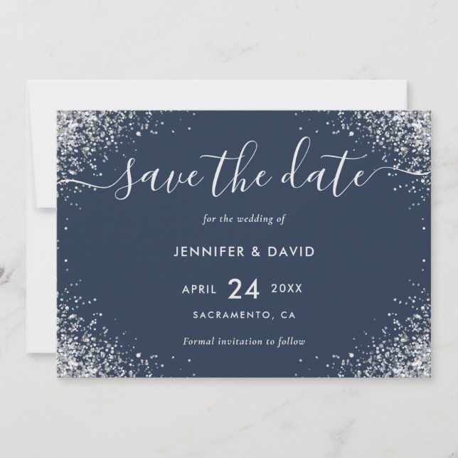 Luxury Navy Blue and Silver Glitter Wedding Save The Date (Front)