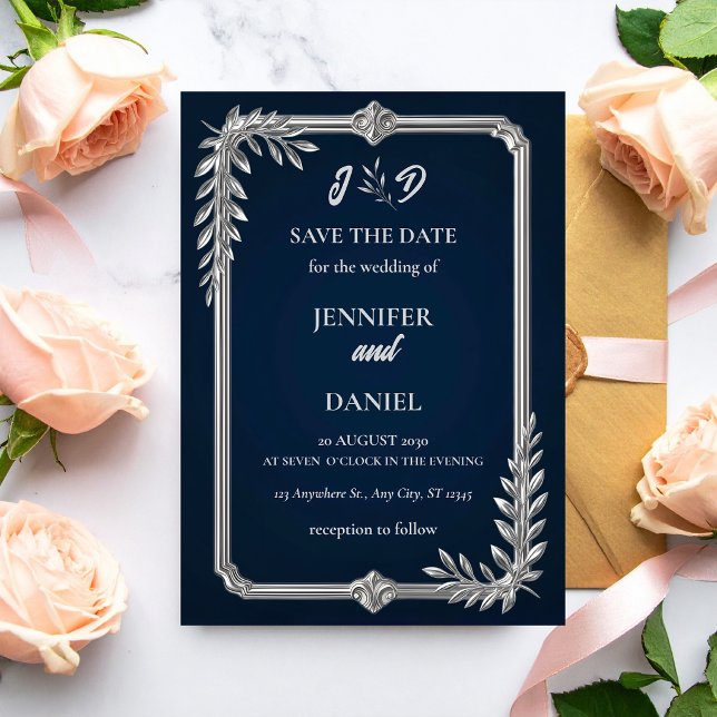 Luxury Navy Blue and Silver Wedding Save the Date (Creator Uploaded)