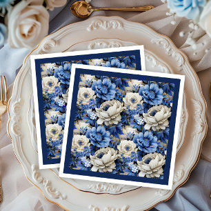 Luxury Navy Blue Floral Ivory Elegant Dinner   Napkin