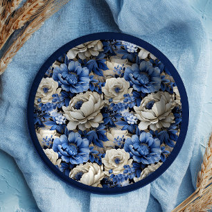 Luxury Navy Blue Floral Ivory Elegant Paper Plates