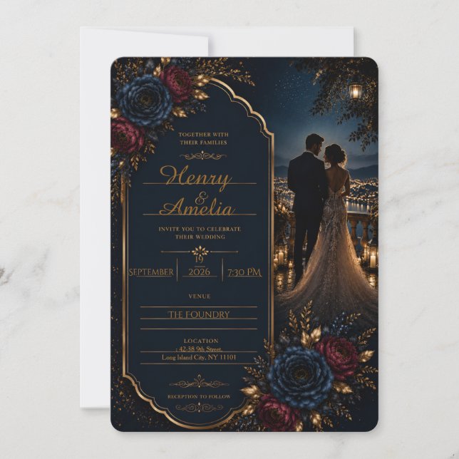 Luxury Navy Blue Floral Wedding Invitation (Front)