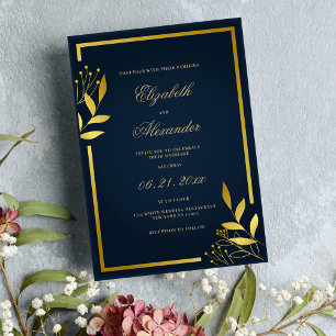 Luxury navy blue gold foliage floral wedding invitation