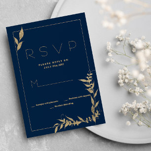 Luxury navy blue gold foliage RSVP Invitation